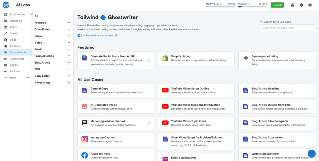 Tailwind Ghostwriter AI dashboard showing featured tools for generating social posts, Shopify and Squarespace listings, YouTube scripts, blog headlines, outlines, and captions.