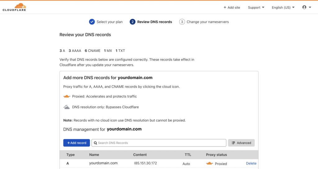 Screenshot: Verify DNS settings, Cloudflare