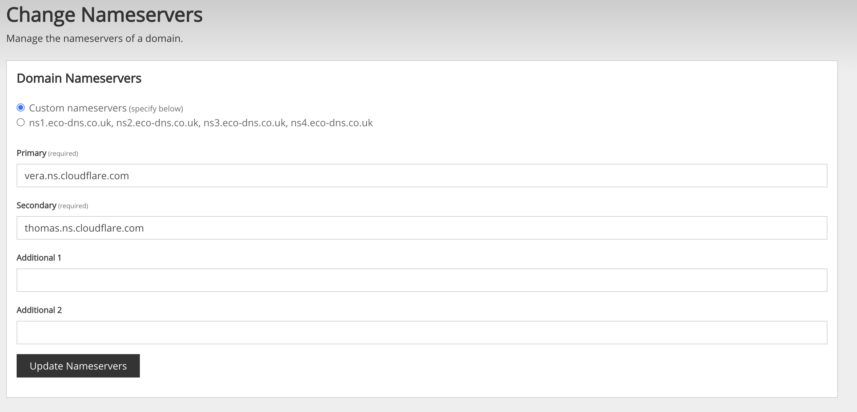 Screenshot: Nameserver Settings, Eco Web Hosting
