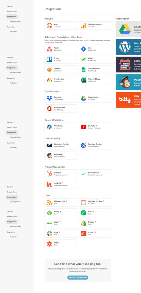 All the integrations available with CoSchedule (Correct at time of publication)