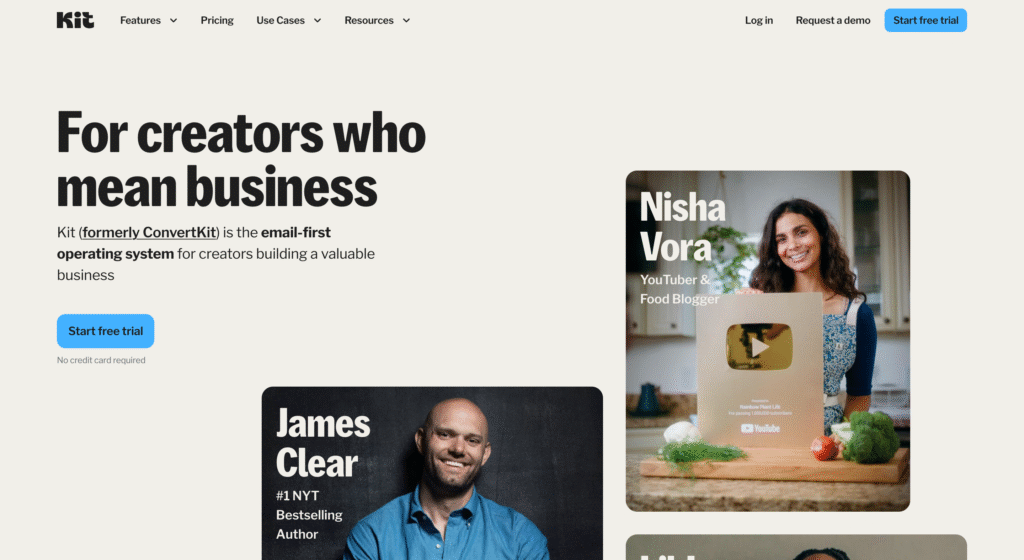 A screenshot of the Kit homepage with the headline 'For creators who mean business'