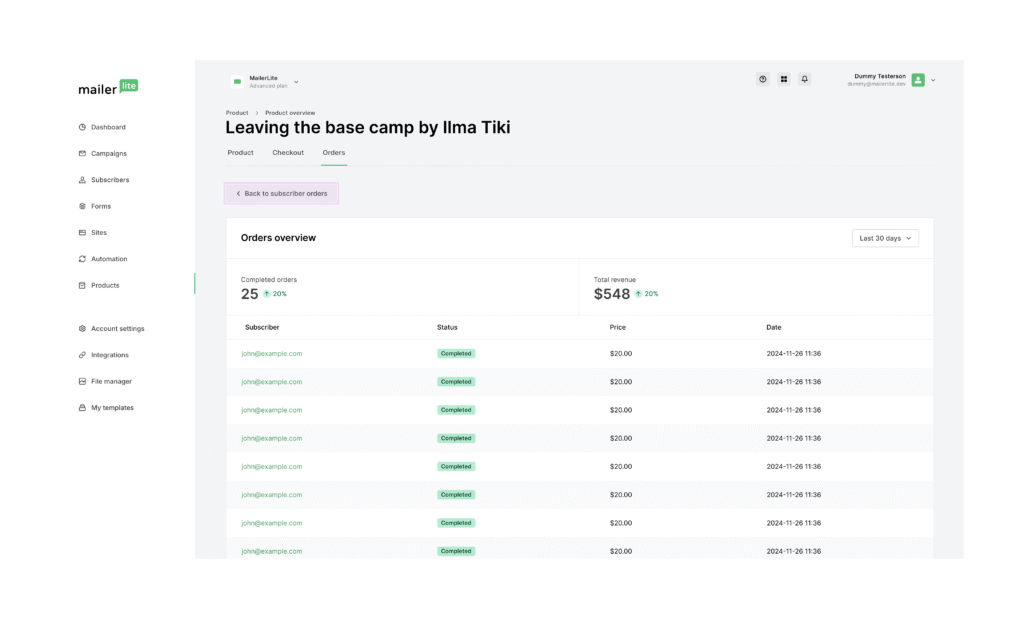 A screenshot of digital product orders in MailerLite